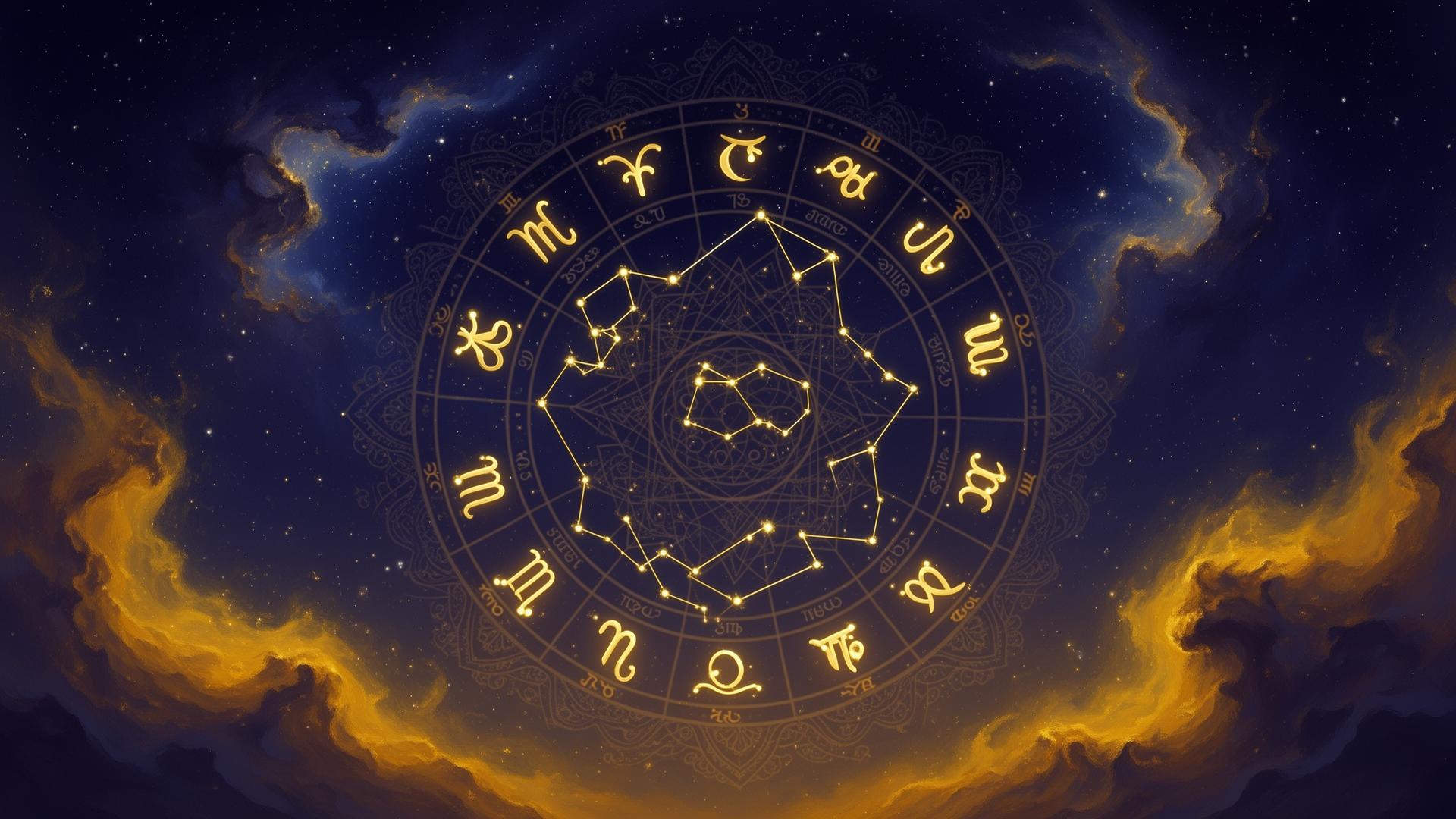 Vedic zodiac wheel in cosmic sky